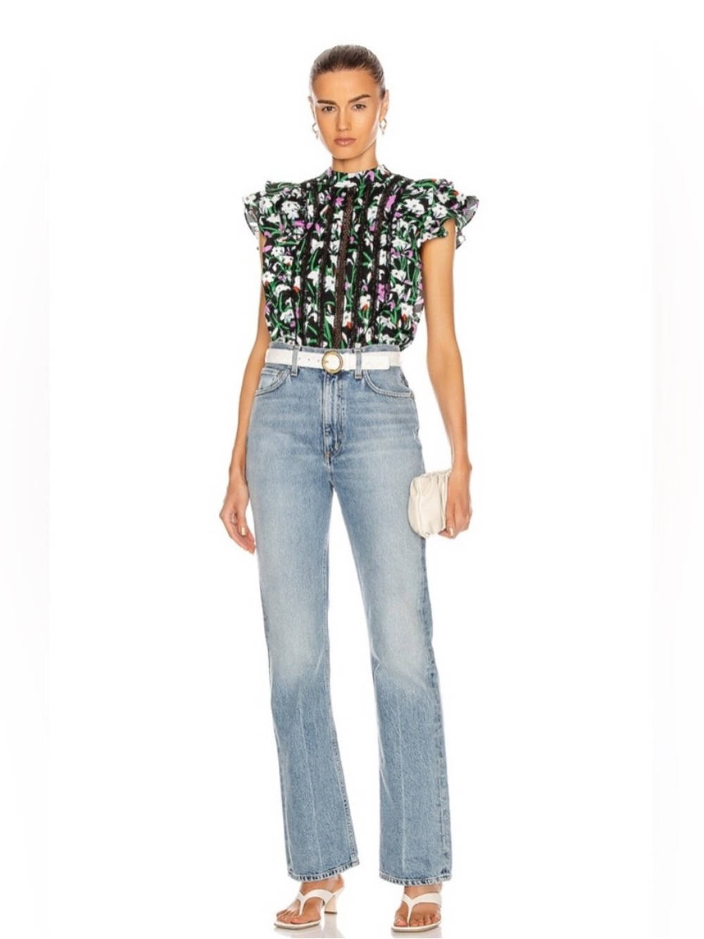 Veronica Beard Blouse Sol Top Ruffle Short Sleeve in Purple Black Floral